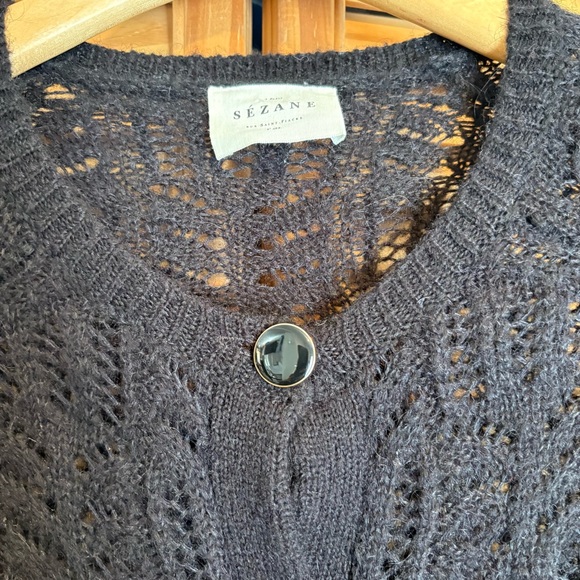 Sezane Black Pointelle Knit Cardigan Sweater Mohair Elegant Luxury Womens Large - Picture 2 of 12
